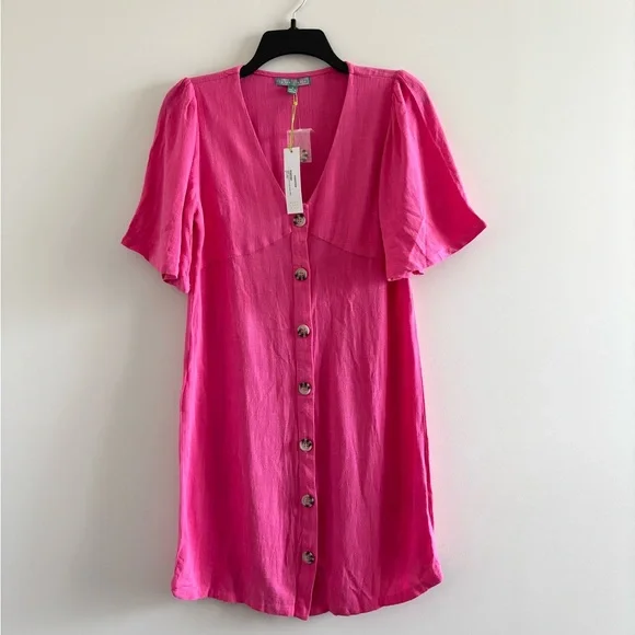 Good Luck Gem Dress Mini Pink Linen Button Flutter Sleeve Womens S Boho NWT - Picture 3 of 11